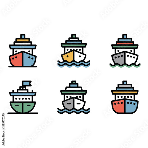 Collection of stylized cartoon ship icons with colorful hulls and stacked decks