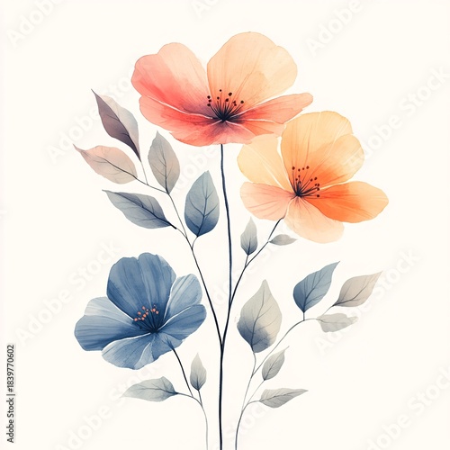 Wallpaper Mural Elegant watercolor illustration of a beautiful floral bouquet with soft peach and blue blossoms isolated on a light background Torontodigital.ca