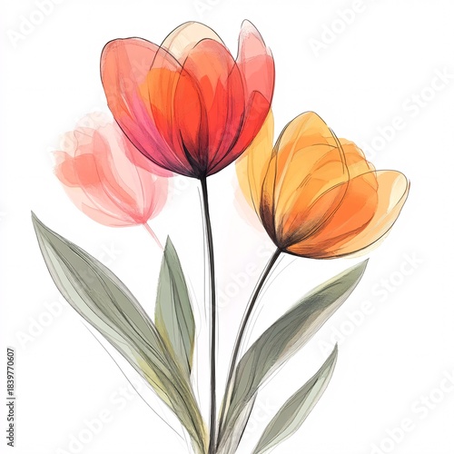 Ethereal beauty of colorful spring tulips rendered in a delicate and translucent artistic style illustration