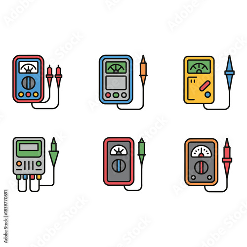Collection of six colorful digital multimeters with probes