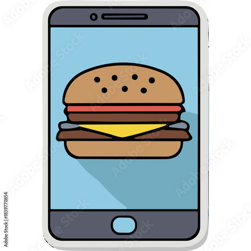 Digital Food Delivery Service App on a Smartphone Screen Displaying a Hamburger Icon With a Long Shadow Against a Light Blue Background and a Gray Border