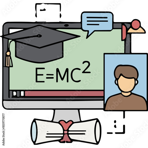 Digital Graduation Ceremony Online Learning Featuring a Graduation Cap and Diploma alongside a Computer Screen Displaying E=MC Squared Formula and Student Avatar with Chat Bubbles and Video Call