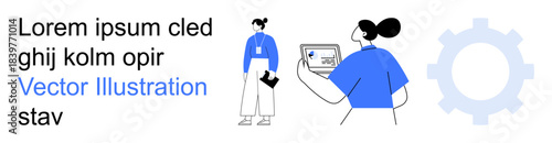 Digital ID, technology integration, security, verification, authentication, teamwork. Two people engaged with a digital card and gear icon. Identity verification and technology integration concept