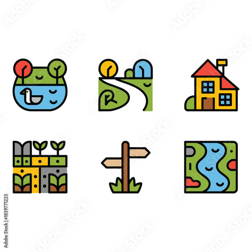 Charming cartoon icons of nature and rural life