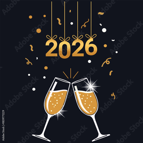 Cheers to New Beginnings Glimmering glasses of champagne clink, sparkling with anticipation beneath the shimmering number 2026. A toast to fresh starts, new adventures.