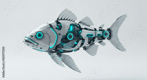 Brightly lit metallic cyborg fish with vibrant blue neon accents creating a striking futuristic visual. AI Generated