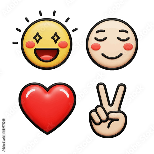 A collection of four glossy 3D emojis including a star-eyed smiling face, a content face, a red heart, and a peace sign hand.