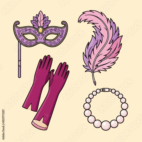 A collection of elegant masquerade accessories including a purple mask, pink feather, long gloves, and pearl necklace on a cream background.