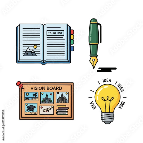 A collection of icons representing planning, creativity, and goal setting, including a to-do list, a fountain pen, a vision board, and a lightbulb symbolizing ideas.