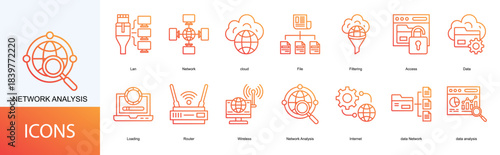 network analysis icon collection set. Containing Lan, Network, cloud, File, Filtering, Access, Data icon