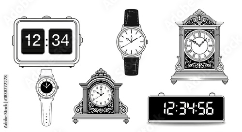 Collection of various timekeeping devices including analog and digital clocks and watches in a detailed line art style illustration.