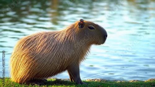 Capybara on the waterside sunlight on fur peaceful animal portrait