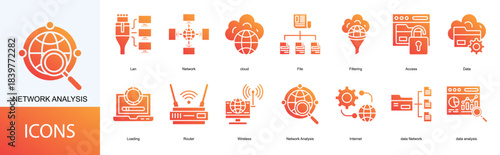 network analysis icon collection set. Containing Lan, Network, cloud, File, Filtering, Access, Data icon