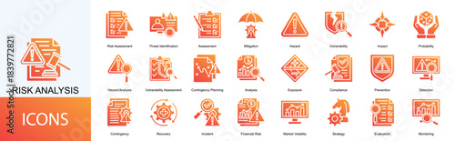 risk analysis icon collection set. Containing Assessment, Mitigation, Hazard, Vulnerability, Impact, Probability icon