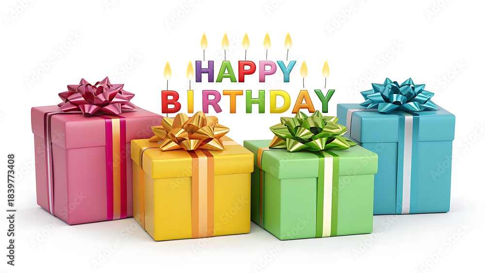 Fototapeta premium Colorful birthday presents with lit candles spelling out the words happy birthday on a white background