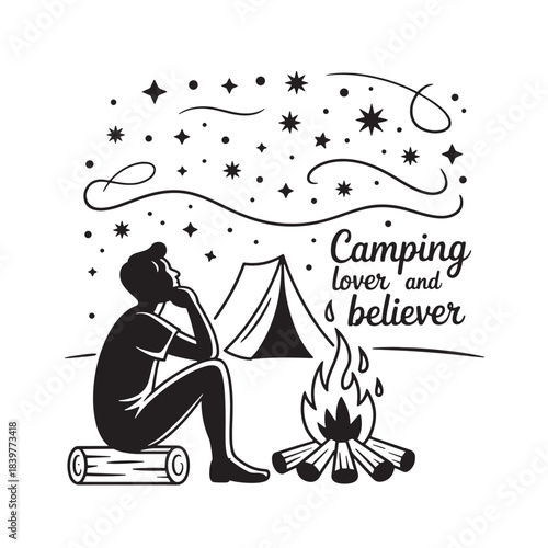 Camping lover and believer vector graphic illustration design with campfire and tent