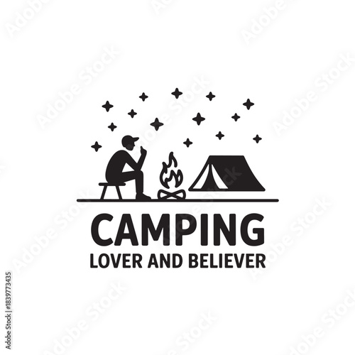 Camping Lover Design with Bonfire Tent and Stars in Black and White Style