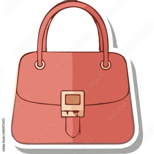 Elegant Coral Pink Handbag with a Gold Buckle and Matching Top Handles Detailed Vector Illustration on a White Background with Shadow Effect