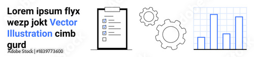 Business process, data analysis, workflow management, project planning, productivity, gear settings. A clipboard checklist, gears and bar chart. Business process and data analysis concept