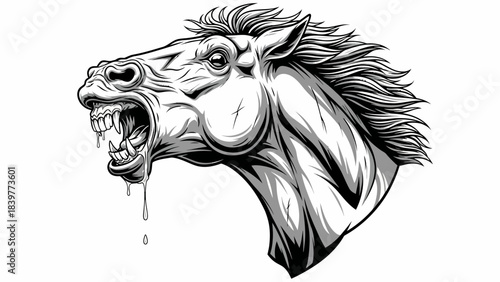 Fierce Zombie Horse Head Illustration Black and White Vector Graphic for T Shirt Design