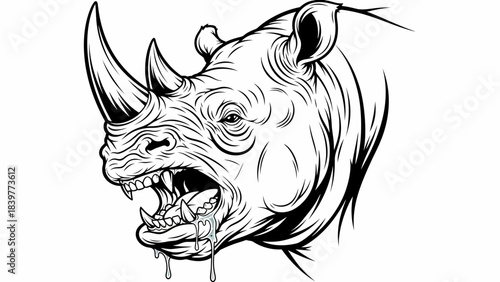 Aggressive Rhinoceros Head Mascot Illustration with Fangs and Drool Black and White Vector Art