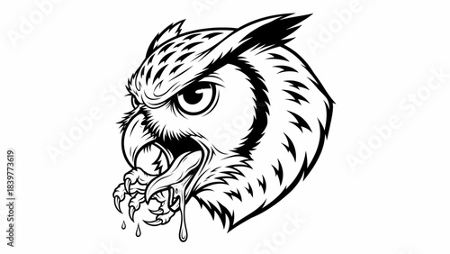 Aggressive Black and White Owl Head Mascot Logo Illustration Tattoo Style