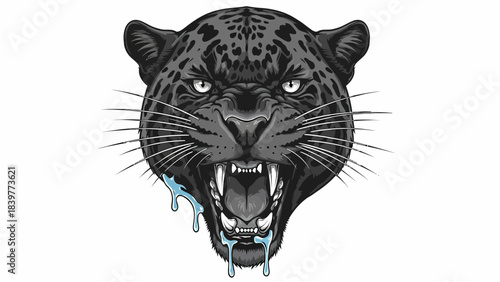 Fierce Black Panther Head Illustration Aggressive Jaguar Roar Mascot Design on White Background
