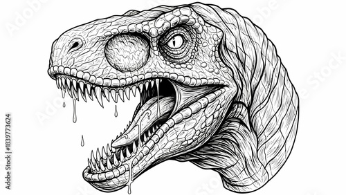 Fierce Velociraptor Head Illustration Detailed Black and White Sketch for T Shirt or Tattoo Design