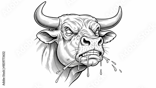 Fierce Angry Bull Head Mascot Illustration Black and White Vector Drawing