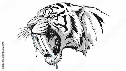 Fierce Saber Toothed Tiger Head Roaring Black and White Illustration