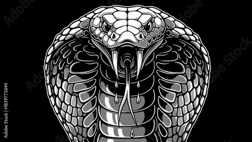Fierce Black and White Cobra Head Illustration with Hood Spread Vector Art