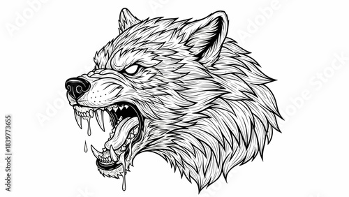 Fierce Aggressive Wolf Head Snarling Biting Illustration Black and White Graphic