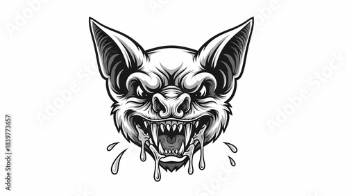 Fierce Biker Style Bat Head Illustration with Dripping Fangs Black and White Graphic