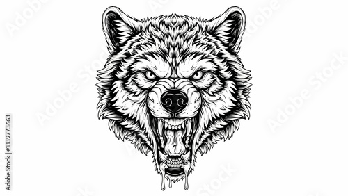 Fierce Growling Wolf Head Illustration in Black and White Sketch Style