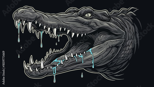Fierce Alligator Head with Open Jaws and Dripping Saliva Illustration