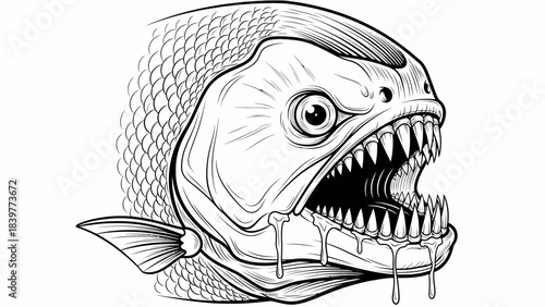 Fierce Piranha Fish Head Closeup Illustration in Black and White Line Art