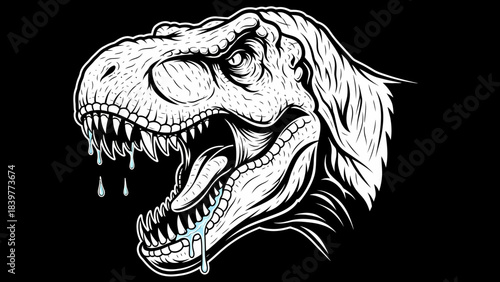 Fierce T Rex Head Outline Illustration with Dripping Saliva Black and White Graphic