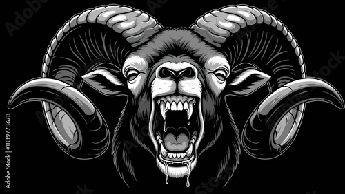 Aggressive Ram Head Mascot Vector Illustration with Bared Fangs on Black Background
