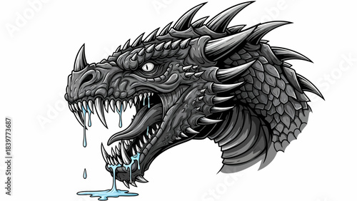 Fierce Black and White Dragon Head Illustration with Icy Drool Mythology Art