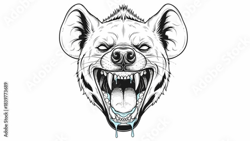 Fierce Hyena Head Illustration Roaring with Bared Teeth and Drooling Saliva Vector Art
