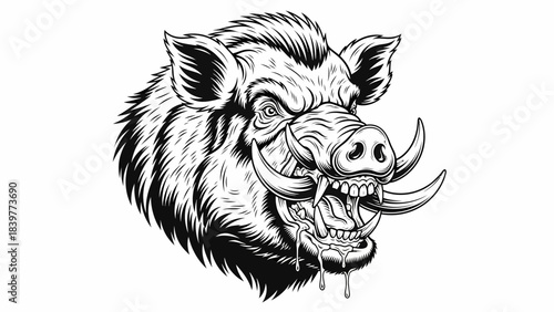 Fierce Wild Boar Head Mascot Illustration in Detailed Engraving Style