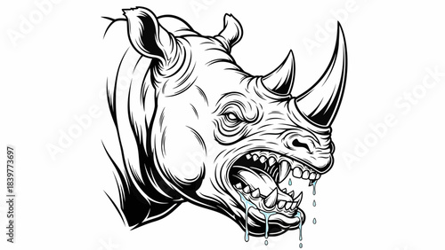 Fierce Black and White Rhinoceros Head Mascot Logo Vector Illustration