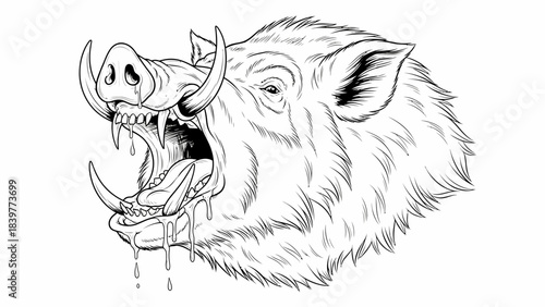 Fierce Wild Boar Head Illustration with Open Mouth and Tusks Black and White Line Art