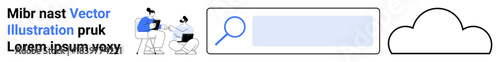 Digital communication, cloud technology, online search, collaboration, teamwork, storage solutions. Two figures using devices, search bar cloud icon. Online search and cloud technology concept