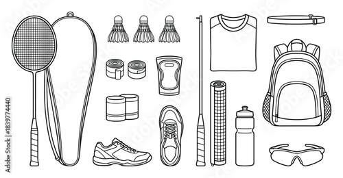 Badminton Equipment Set in Outline Style: Shuttlecocks, Racket, and Accessories