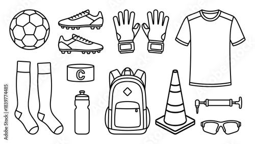 Soccer equipment outline: a ball, cleats, gloves, jersey, and more, for games.