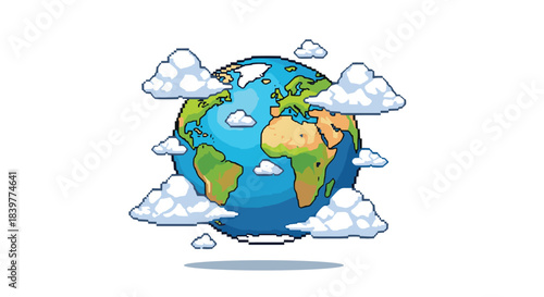 Pixel art illustration of planet Earth surrounded by fluffy white clouds, representing a retro video game or environmental concept.