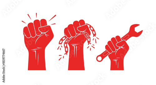 Set of three red raised fists symbolizing protest, revolution, and breaking chains of oppression, with one hand holding a wrench.