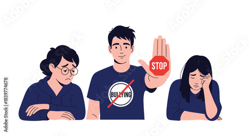Anti-bullying concept illustration of a young man making a stop gesture to protect two sad victims of bullying and harassment.