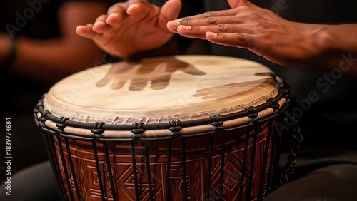 Close-up of a musician's hands skillfully striking the skin of an African djembe drum, creating vibrant rhythmic sounds and cultural melodies